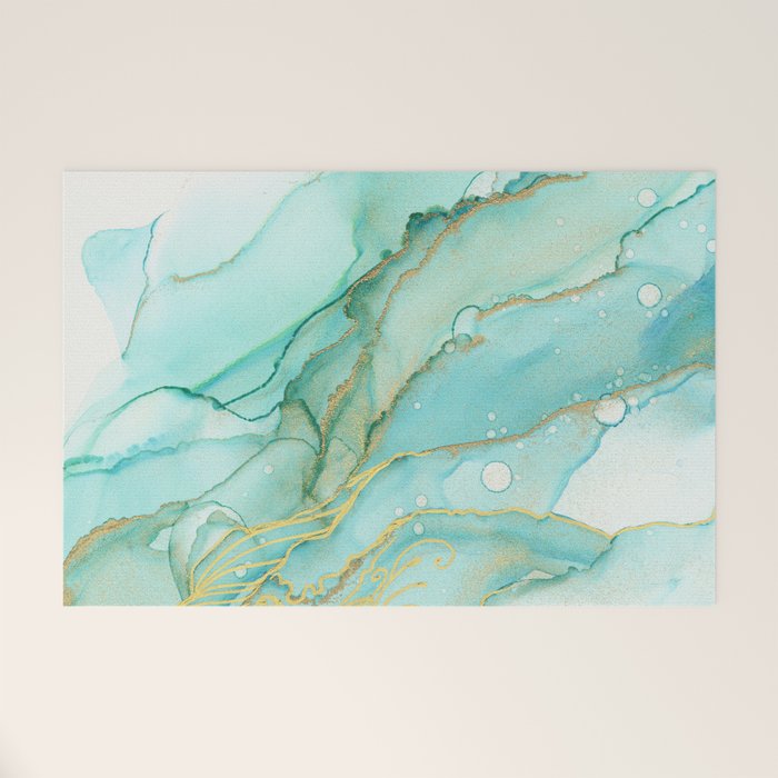 Magic Bloom Flowing Teal Blue Gold Welcome Mat Gallery Image 1