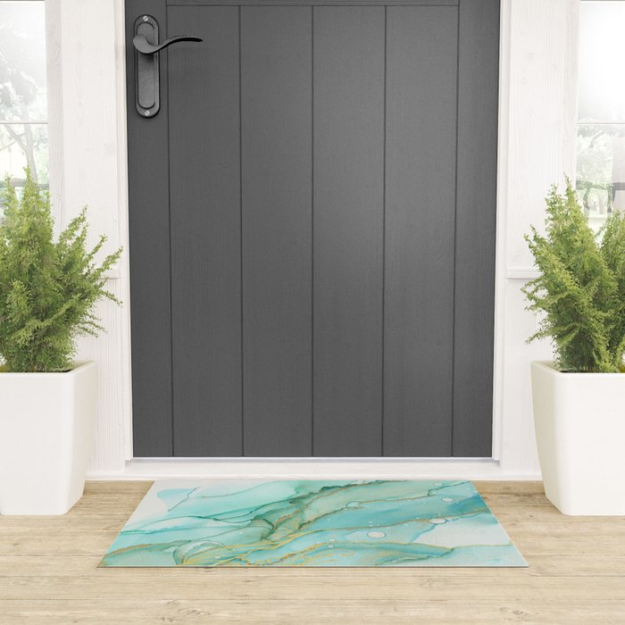 Magic Bloom Flowing Teal Blue Gold Welcome Mat Gallery Image 3