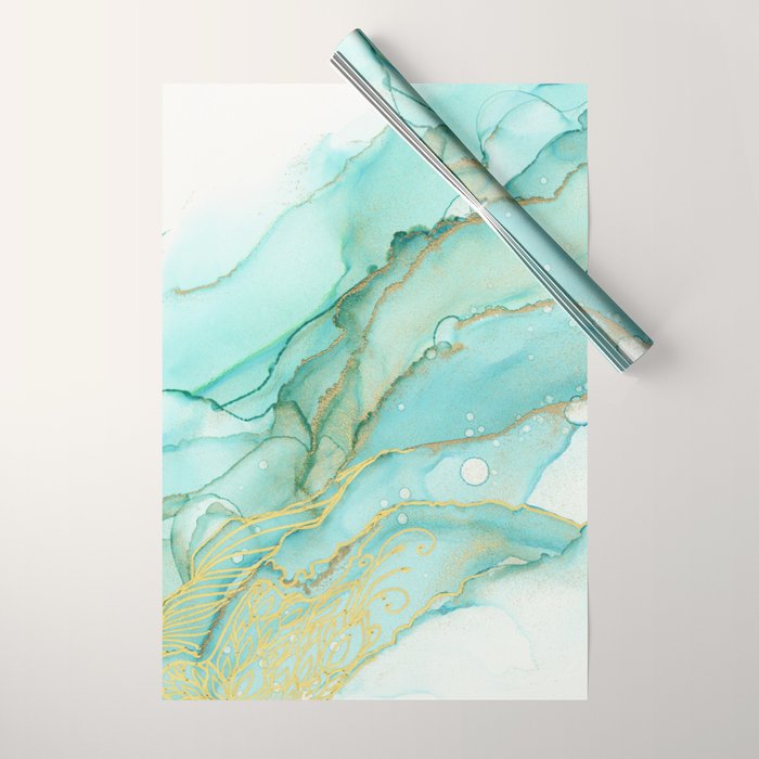 Magic Bloom Flowing Teal Blue Gold Wrapping Paper Gallery Image 1