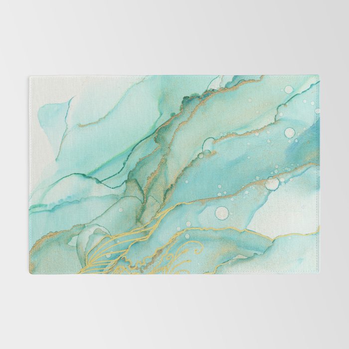 Magic Bloom Flowing Teal Blue Gold Rug Gallery Image 2