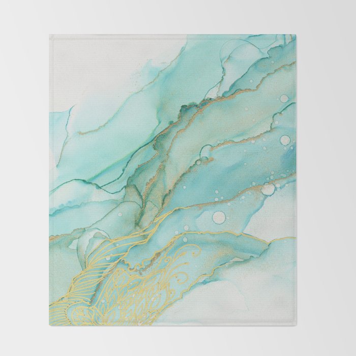 Magic Bloom Flowing Teal Blue Gold Throw Blanket Gallery Image 2