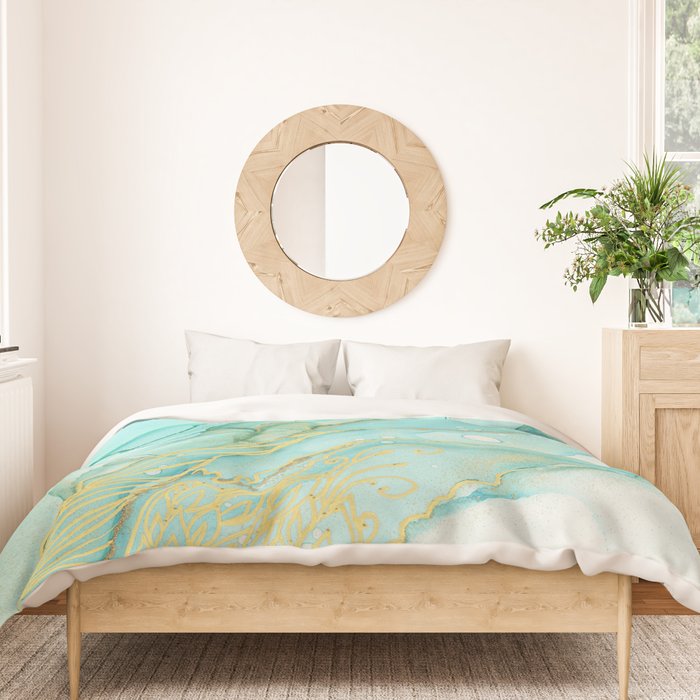 Magic Bloom Flowing Teal Blue Gold Duvet Cover Gallery Image 3