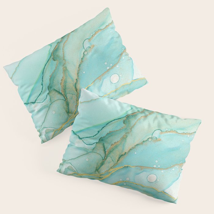 Magic Bloom Flowing Teal Blue Gold Pillow Sham Gallery Image 1