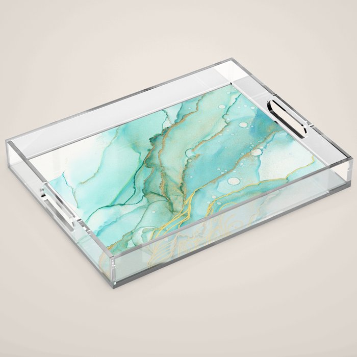 Magic Bloom Flowing Teal Blue Gold Acrylic Tray Gallery Image 1