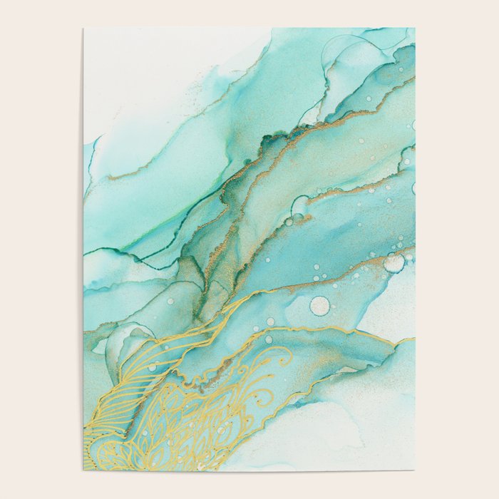 Magic Bloom Flowing Teal Blue Gold Poster Gallery Image 4