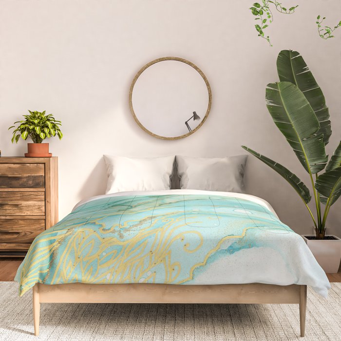 Magic Bloom Flowing Teal Blue Gold Comforter Gallery Image 3