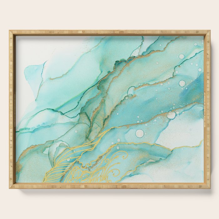 Magic Bloom Flowing Teal Blue Gold Serving Tray Gallery Image 1