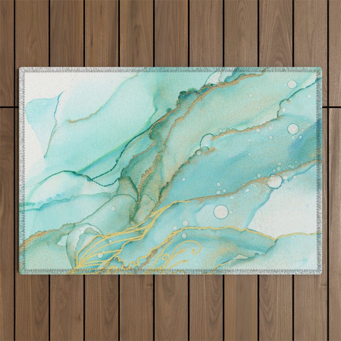Magic Bloom Flowing Teal Blue Gold Outdoor Rug Gallery Image 1