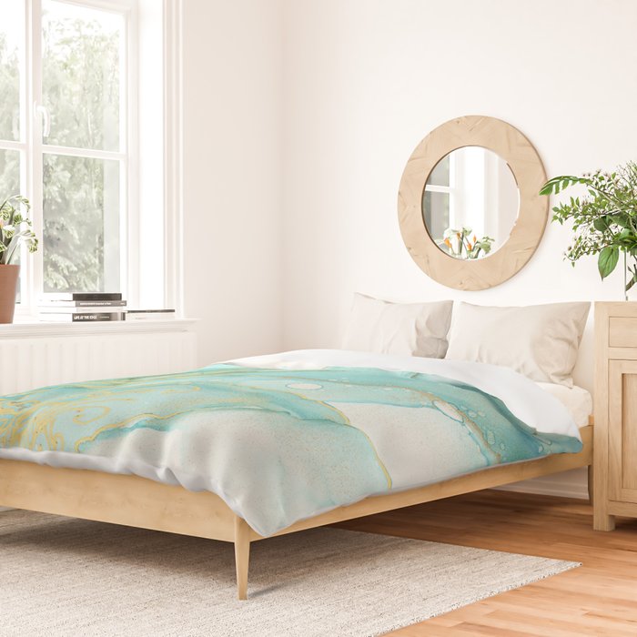 Magic Bloom Flowing Teal Blue Gold Duvet Cover Gallery Image 2