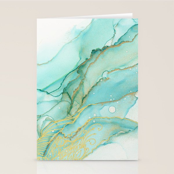 Magic Bloom Flowing Teal Blue Gold Stationery Card Gallery Image 1