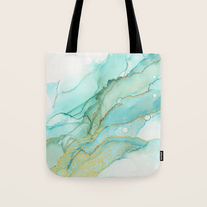 Magic Bloom Flowing Teal Blue Gold Tote Bag Gallery Image 1