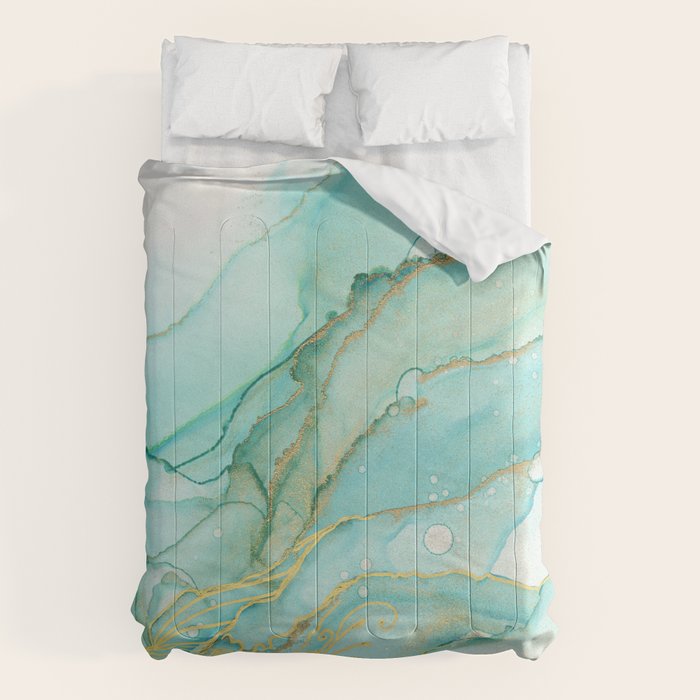 Magic Bloom Flowing Teal Blue Gold Comforter Gallery Image 6