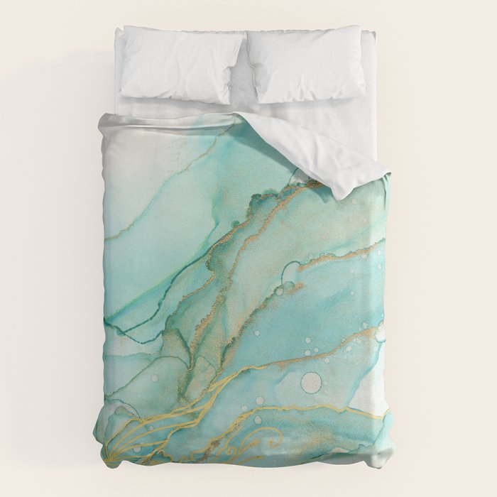 Magic Bloom Flowing Teal Blue Gold Duvet Cover Gallery Image 6