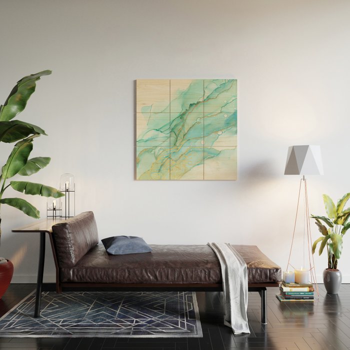 Magic Bloom Flowing Teal Blue Gold Wood Wall Art Gallery Image 2