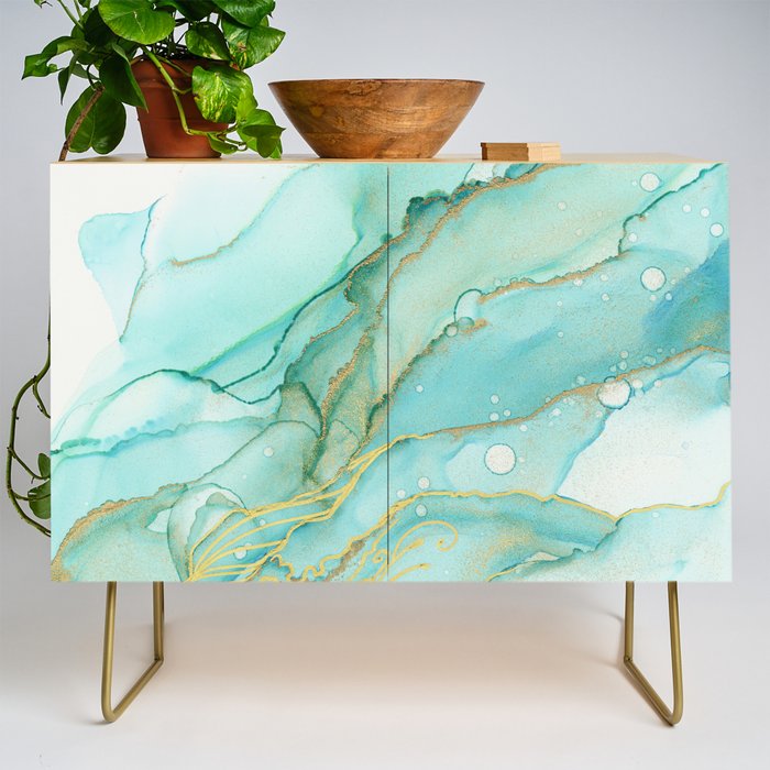 Magic Bloom Flowing Teal Blue Gold Credenza Gallery Image 1