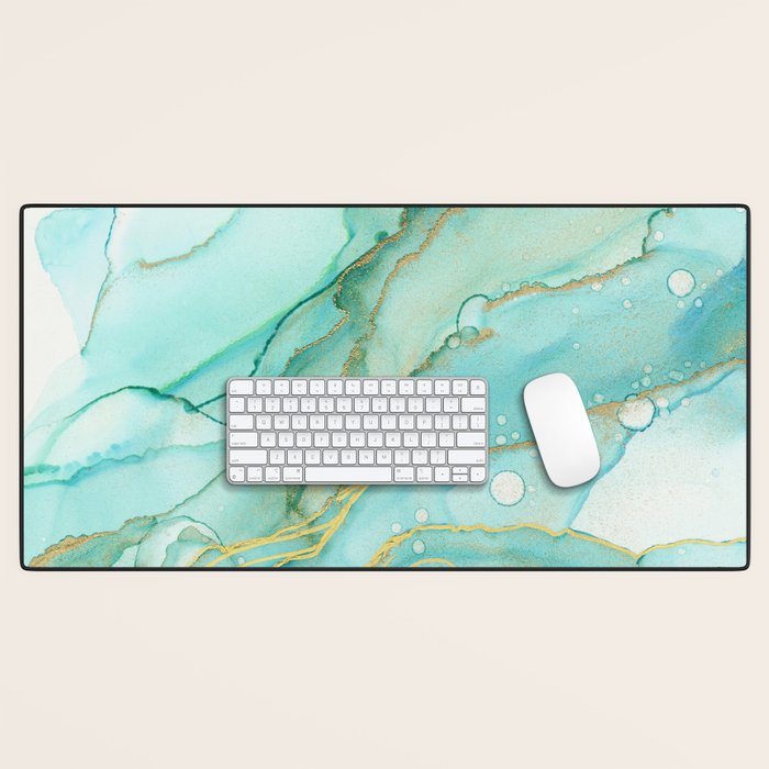 Magic Bloom Flowing Teal Blue Gold Desk Mat Gallery Image 1