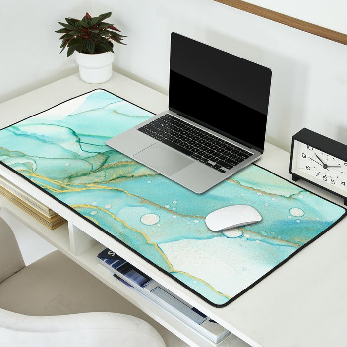 Magic Bloom Flowing Teal Blue Gold Desk Mat Gallery Image 2