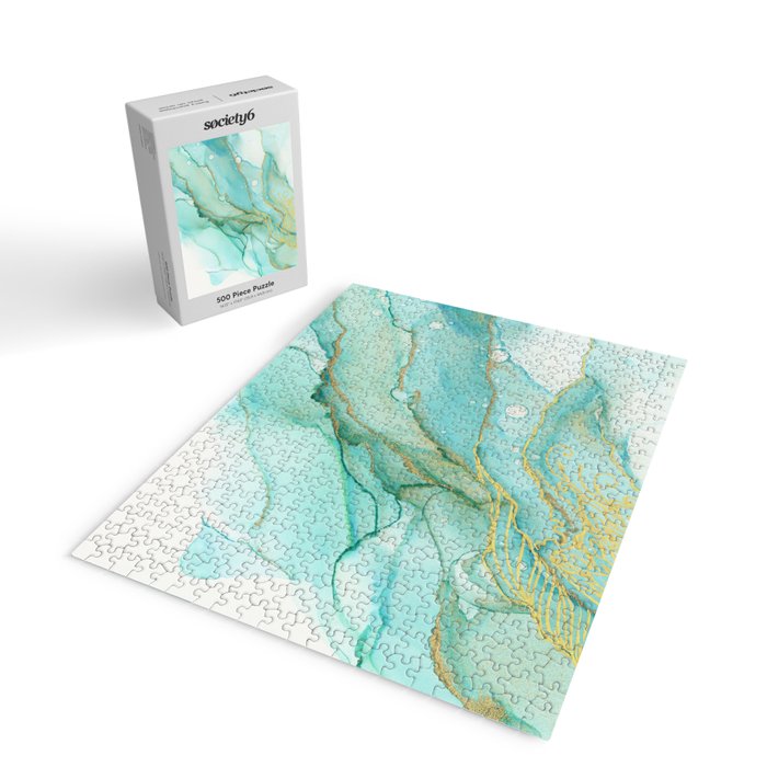 Magic Bloom Flowing Teal Blue Gold Jigsaw Puzzle Gallery Image 2