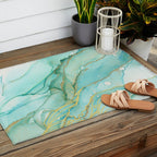 Magic Bloom Flowing Teal Blue Gold Outdoor Rug Gallery Image 2