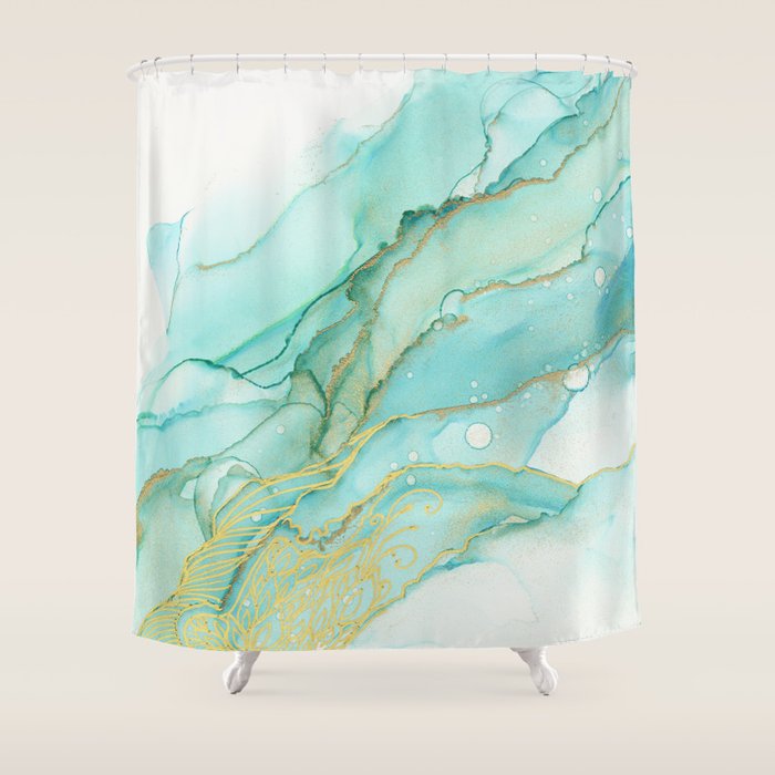 Magic Bloom Flowing Teal Blue Gold Shower Curtain Gallery Image 1