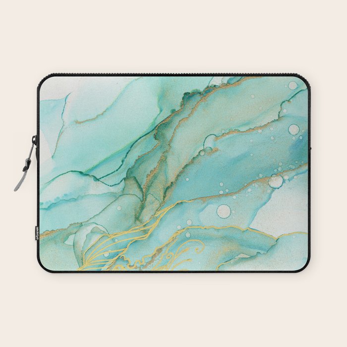 Magic Bloom Flowing Teal Blue Gold Laptop Sleeve Gallery Image 1