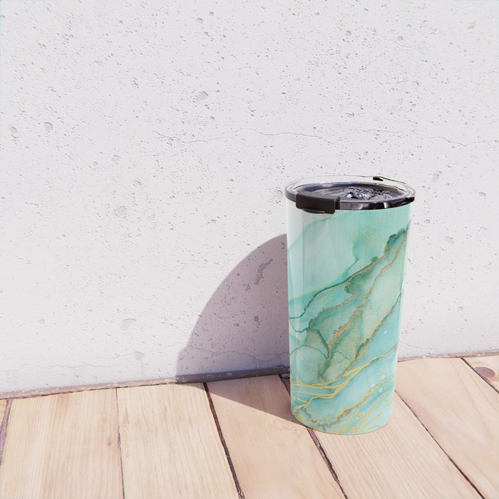 Magic Bloom Flowing Teal Blue Gold Travel Mug Gallery Image 4