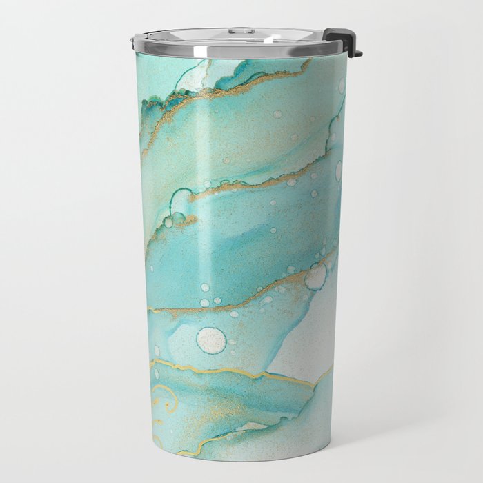 Magic Bloom Flowing Teal Blue Gold Travel Mug Gallery Image 2