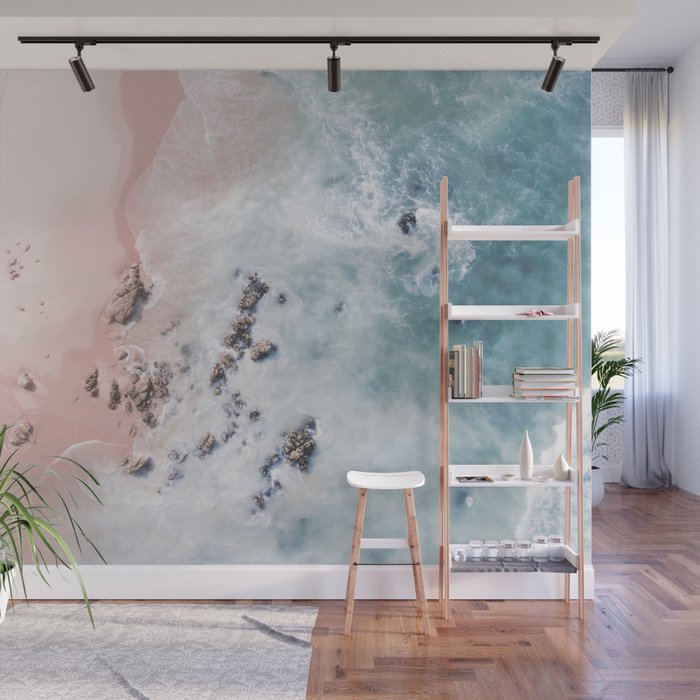 Aerial Beach Print - Pink Sand Beach - Ocean -  Sea Travel photography - Original Sea Bliss Wall Mural Gallery Image 1