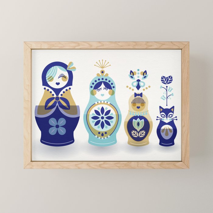 Russian Nesting Dolls - Blue & Gold Mini Art Print Gallery Image 1