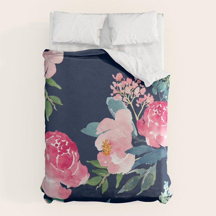 Navy and Pink Watercolor Peony Duvet Cover Gallery Image 1