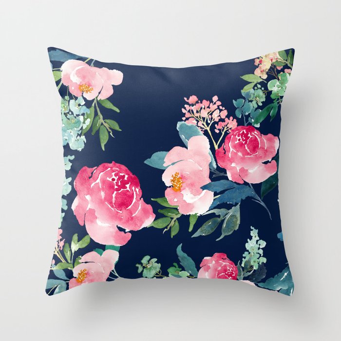 Navy and Pink Watercolor Peony Throw Pillow Gallery Image 1