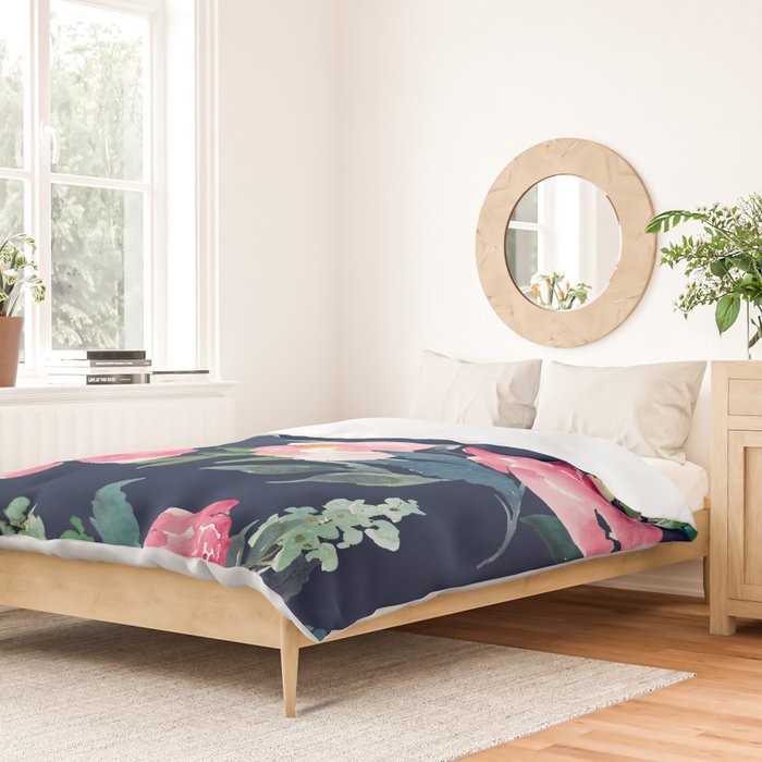 Navy and Pink Watercolor Peony Duvet Cover Gallery Image 2