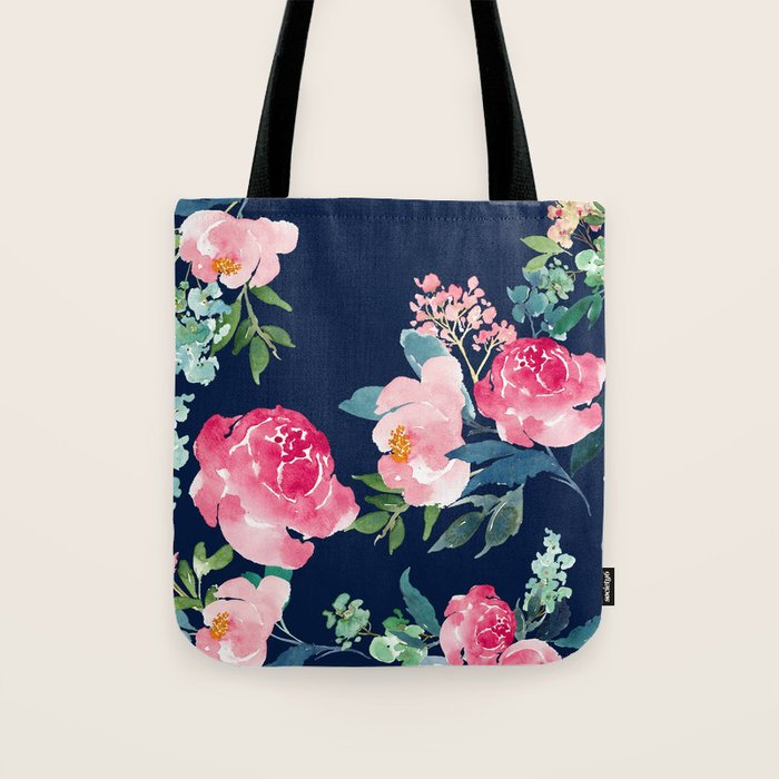 Navy and Pink Watercolor Peony Tote Bag Gallery Image 1