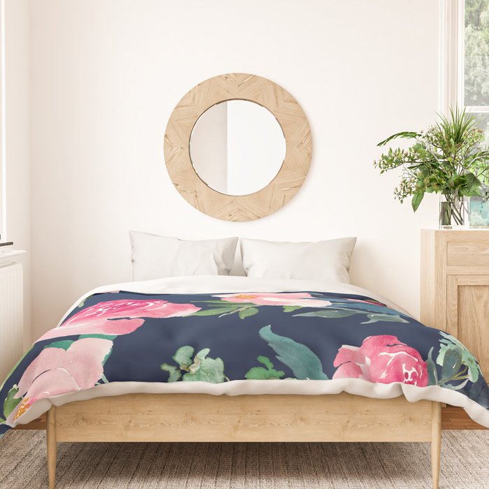Navy and Pink Watercolor Peony Duvet Cover Gallery Image 3