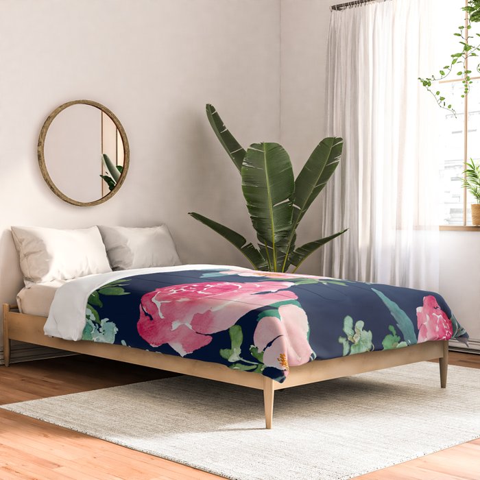 Navy and Pink Watercolor Peony Comforter Gallery Image 2