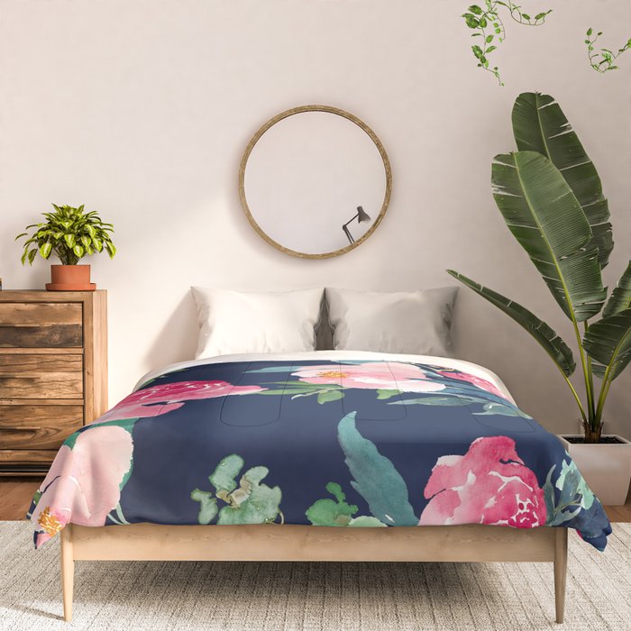 Navy and Pink Watercolor Peony Comforter Gallery Image 3