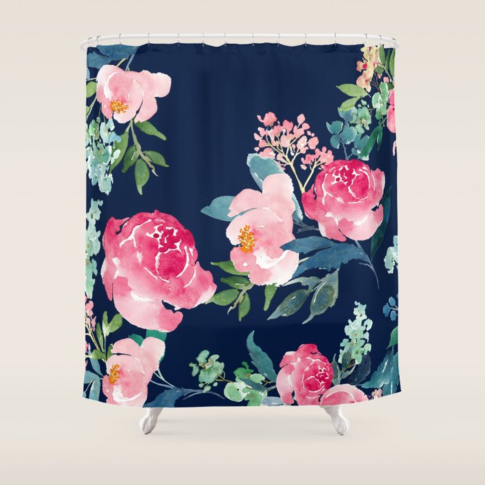 Navy and Pink Watercolor Peony Shower Curtain Gallery Image 1
