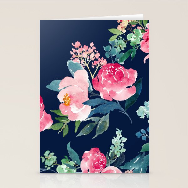 Navy and Pink Watercolor Peony Stationery Card Gallery Image 1