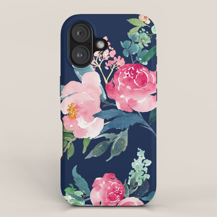 Navy and Pink Watercolor Peony iPhone Case Gallery Image 1