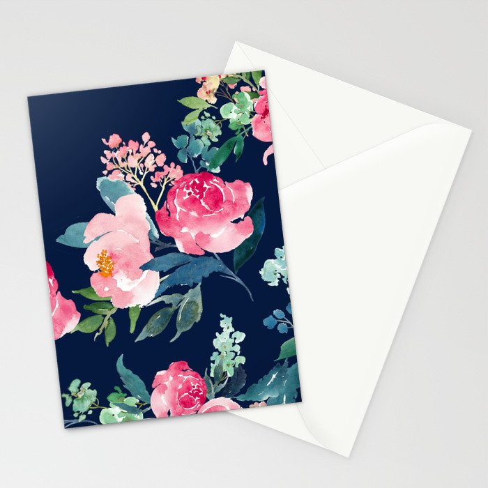Navy and Pink Watercolor Peony Stationery Card Gallery Image 2