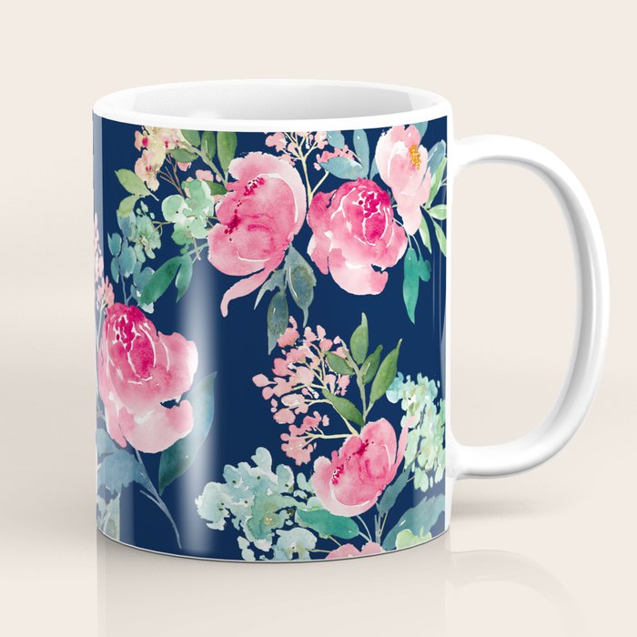 Navy and Pink Watercolor Peony Coffee Mug Gallery Image 1