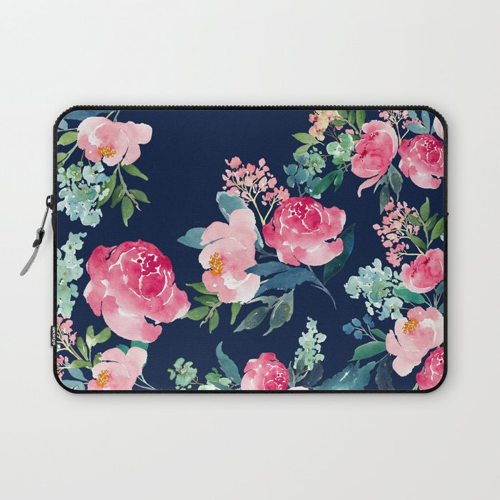 Navy and Pink Watercolor Peony Laptop Sleeve Gallery Image 1