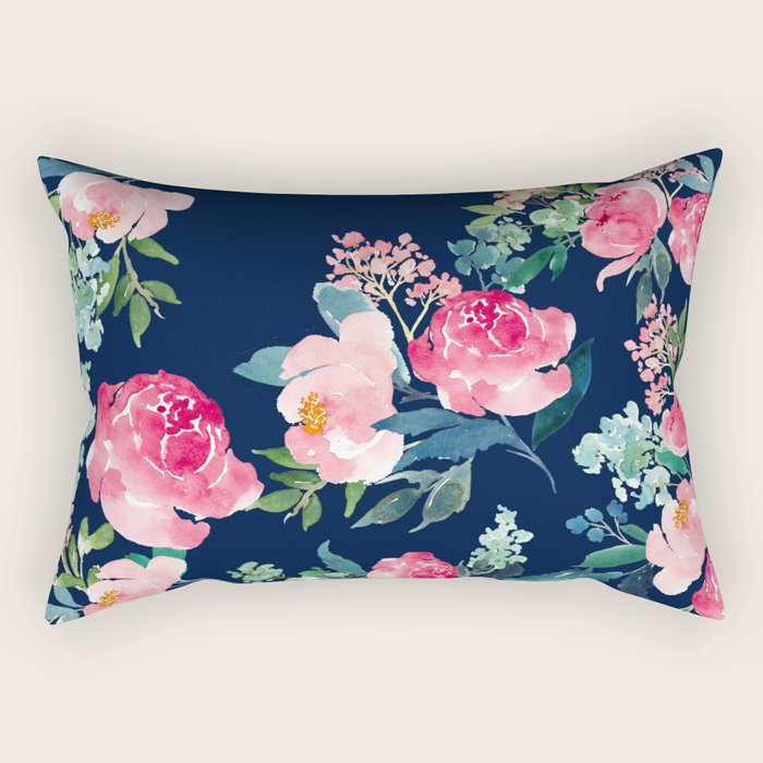 Navy and Pink Watercolor Peony Rectangular Pillow Gallery Image 1