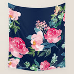 Navy and Pink Watercolor Peony Wall Tapestry Gallery Image 4