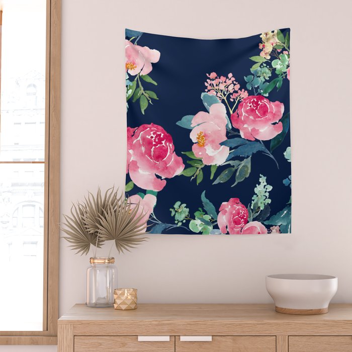 Navy and Pink Watercolor Peony Wall Tapestry Gallery Image 2