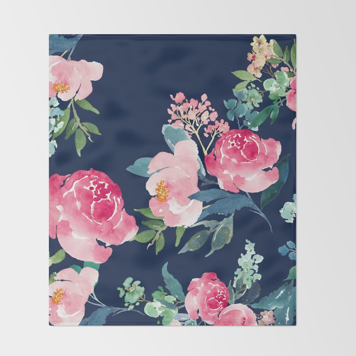 Navy and Pink Watercolor Peony Throw Blanket Gallery Image 2