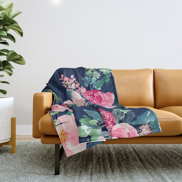Navy and Pink Watercolor Peony Throw Blanket Gallery Image 1