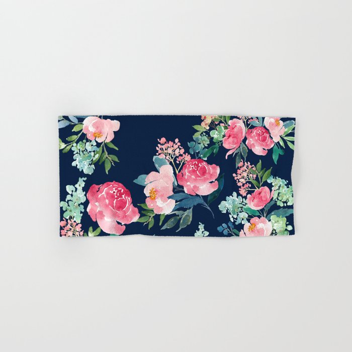 Navy and Pink Watercolor Peony Hand & Bath Towel Gallery Image 1