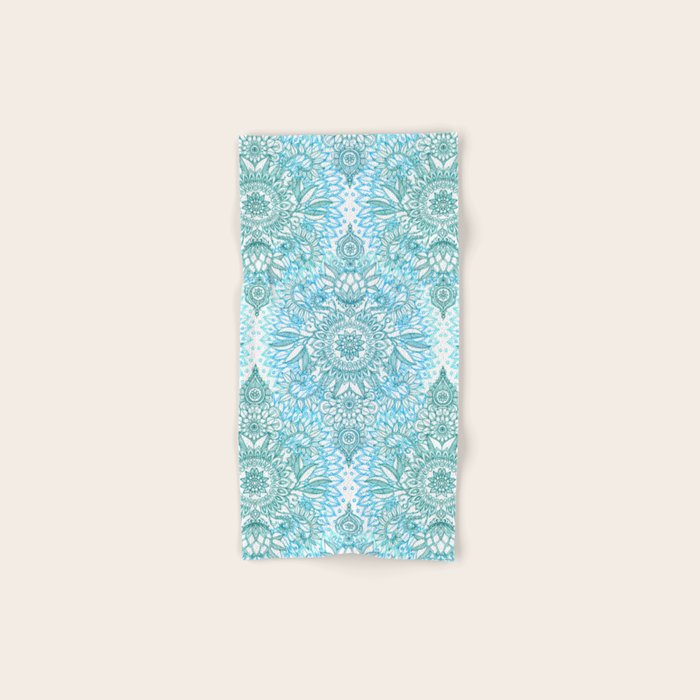 Turquoise Blue, Teal & White Protea Doodle Pattern Hand & Bath Towel Gallery Image 1