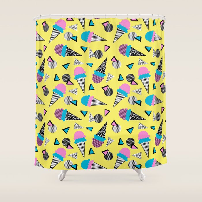 Cruncher - memphis throwback ice cream cone desert 1980s 80s style retro geometric neon pop art Shower Curtain Gallery Image 1